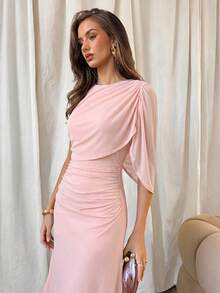 Aloruh Women's Elegant Elegent Round Neck One Shoulder Asymmetric Waist Mesh Dusty Pink Dress Couple Summer,Wedding Guest,Graduation Dress - Baby Pink - View 5