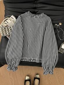 Muvela Camisa casual a cuadros con volantes y lazo delantero - Negro - Ver 2