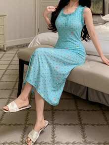 DAZY Sweet Polka Dot Bow Print All-Over Print Ruched Ruffle Trim Sleeveless Cinched Waist Women's Nightgown Summer - Green - View 5