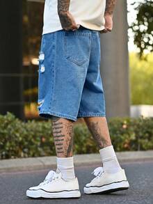 Devon Thys Pantalones cortos vaqueros azules rectos y rotos de estilo casual para hombre, moda callejera para primavera/verano - Azul lavado medio - Ver 4