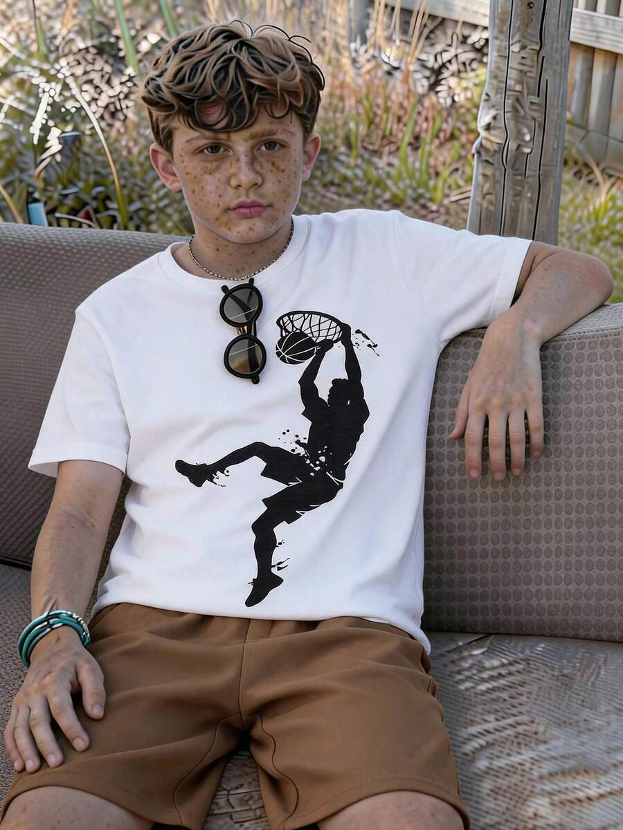 SHEIN Tween Boy Casual Minimalist, Fashion Classic, Y2K, Style, Sporty Short Sleeve Crew Neck T-Shirt, Suitable For Spring/Summer - White - View 1