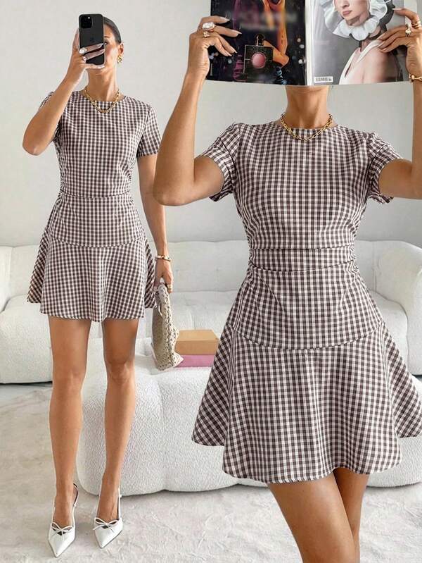 Siren Gaze Vestido mini de mujer con estampado de cuadros, cuello redondo, manga corta, cintura alta y corte en A