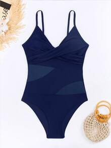 Swim Basics 女款露背細肩帶度假風連身泳衣 - 藏蓝色 - 查看 3