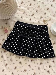 Teen Girls White Knitted Casual Home Versatile Hollow Texture Ruched A-Line Low Waist Mini Skirt, Suitable For Summer - Black - View 4