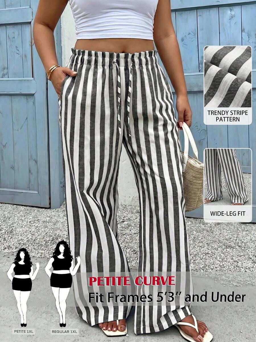 SHEIN PETITE CURVE 大码弹力腰条纹休闲裤 - 黑與白 - 查看 1