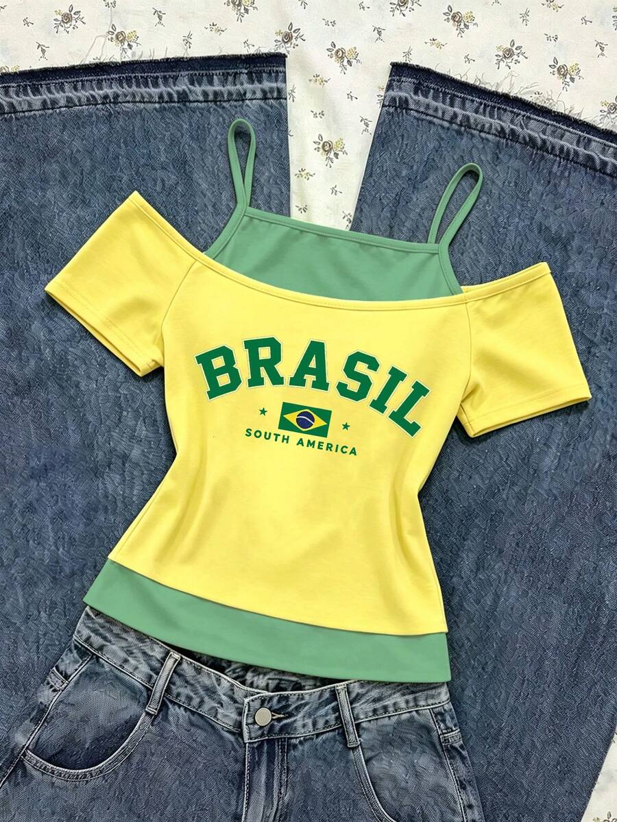 Spring Summer Autumn Tween Girls' Creative Personalized Brazil Five-Pointed Star Yellow Green Striped Yellow Base Side Double Green Strip Letter Slogan Pattern Casual Style 2 In 1 Off-Shoulder Camisole Short Sleeve T-Shirt Tops - Multicolor - View 1