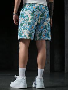 Manfinity CasualCool 男士街頭風熱銷短褲，INS風格，植物提花緹花布料，休閒日常穿著，送給男友丈夫的禮物，週年紀念禮物，節日禮物 - 藍色 - 查看 2