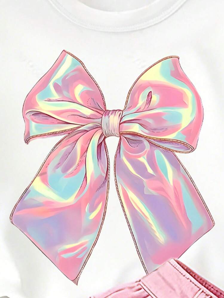 Souflis Souflis Girls' Cute Fresh Vibrant Pink Bow Pattern Print Basic White Short T-Shirt Summer Top Comfortable Casual Vibe Outfit Tops - White - View 3