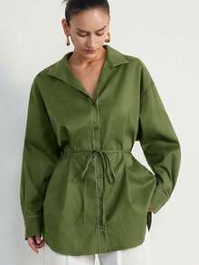 Aveloria Modichic Autumn/Winter New Women's Striped Safari Style Draped Loose Commuter Casual Long Sleeve Turn-Down Collar Stand Collar Belted Mid-Length Shirt - Green - View 3