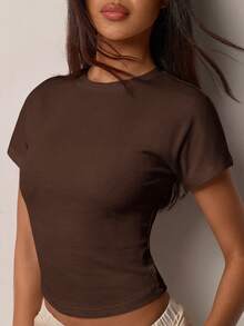 COSMINA Women's Ribbed Knit Cropped Round Neck Fitted T-Shirt - Brown - View 5