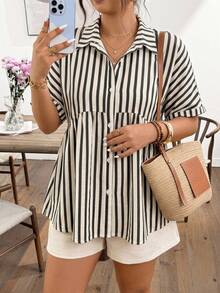 Lounesse Plus Size Women Striped Single-Breasted Casual Versatile Commuting Shirt - Black and White - View 3