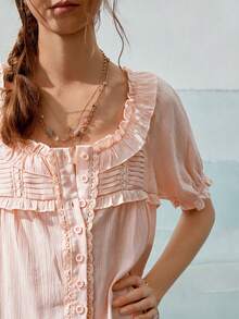 SoleilVie Women's Sweet Fashion Lace Patchwork Single-Breasted Vacation Shirt - Baby Pink - View 4