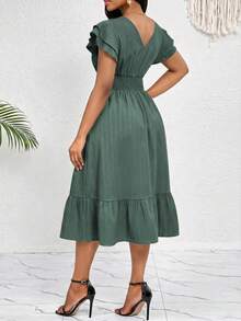 SHEIN Lady Women's Solid Color Shirred Ruffle Short Sleeve Shirred Waist Casual Mini Dress - Green - View 2