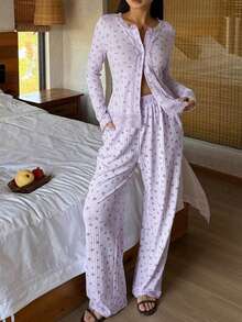 DAZY Floral Lace Ruffle Trim Patchwork 2pcs Women's Pajama Set - Mauve Purple - View 4