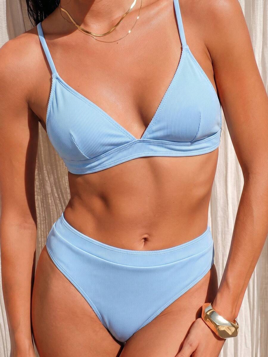 Oceva 女款夏季海灘素色細肩帶比基尼三角泳褲兩件式泳衣套裝 - 淺藍色 - 查看 1