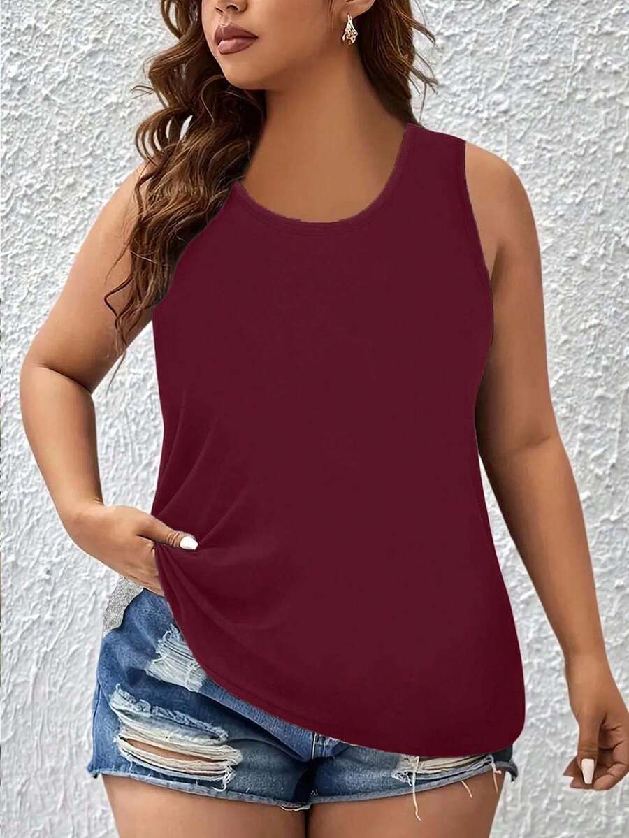 EMERY ROSE Plus Size Summer Casual Simple Solid Color Tank Top - Burgundy - View 1