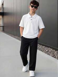 SHEIN 2件組兒童青少年男童休閒學院風白色領子POLO衫與黑色長褲套裝，適合春/夏、情人節、約會、夏季穿搭、海邊週末、家庭聚會、開學季、婚禮季、運動、生日派對 - 彩色 - 查看 1