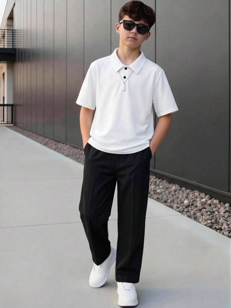 SHEIN 2件組兒童青少年男童休閒學院風白色領子POLO衫與黑色長褲套裝,適合春/夏、情人節、約會、夏季穿搭、海邊週末、家庭聚會、開學季、婚禮季、運動、生日派對 - 彩色 - 查看 1