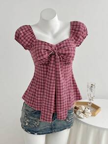 Elamini Women's Spring/Summer Red Plaid Shirt, Sexy Retro Casual Short Sleeve, Bow Decor Chest Design, Slim Fit - Hot Pink - View 1