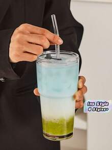 SHEIN 1 Buah Gelas Kaca dengan Sedotan, Gelas Portabel dan Bergaya Sederhana untuk Air, Teh, atau Kopi, dengan Desain yang Sangat Menarik; Berbentuk Bulat, dengan Kapasitas 600 ml - MultiWarna - View 1