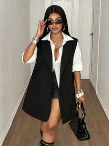 Maweii Blazer Longgar Tanpa Lengan Tenun Ukuran Besar untuk Wanita - Hitam - View 4