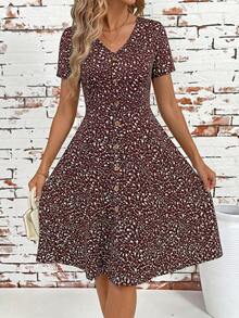 SHEIN Clasi Women's Ditsy Floral Midi Vacation Dress Vacation White Floral Summer Boho - Brown - View 5