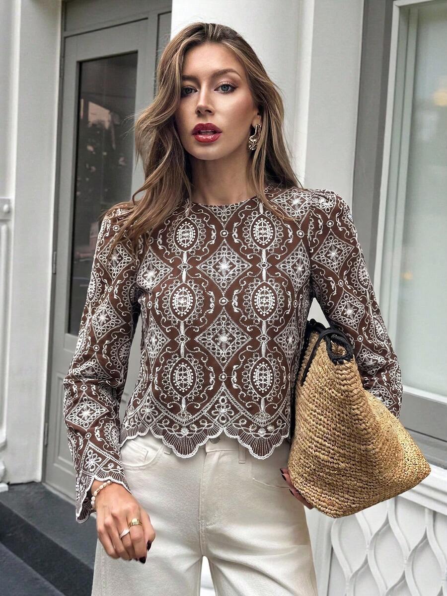 Serisse 女款復古圖案蕾絲長袖圓領夏季襯衫 - 咖啡棕 - 查看 1