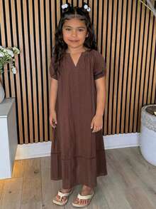 Dazy Kids Gaun Tank Tanpa Lengan Motif Bunga Kecil untuk Anak Perempuan Remaja Musim Gugur, Pakaian Liburan Musim Panas - Coklat - View 5