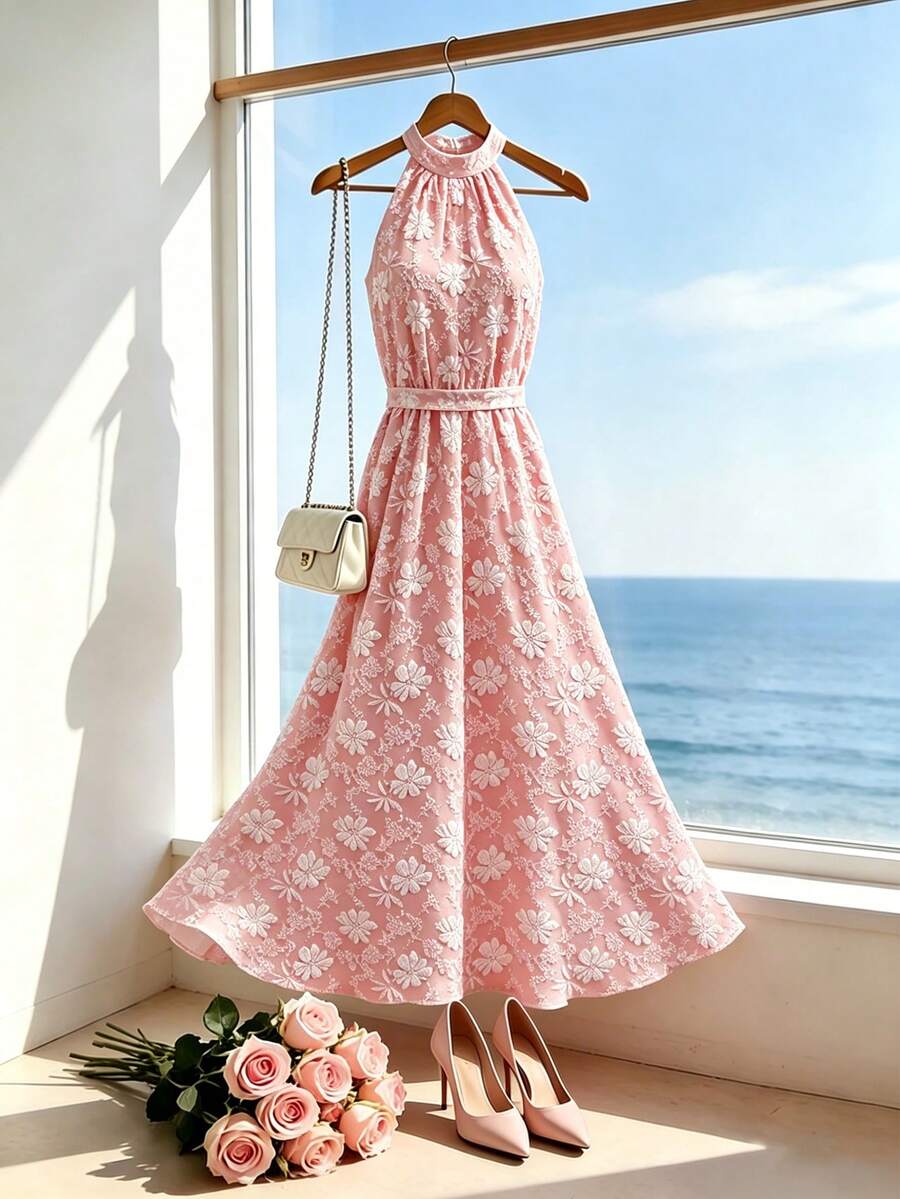 SHEIN Franclia 女款新款掛脖修身紋理洋裝,適合海灘度假與旅行穿搭 - 粉色 - 查看 1