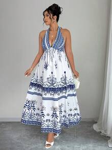 SHEIN Clasi Women's Plus Size Spring/Summer Elegant Boho Vintage Print Deep Shirred Halter Tie-Up Ruched Dress Beach Vacation Blue And White - Multicolor - View 5