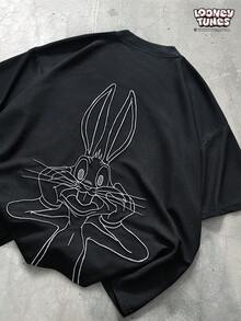 LOONEY TUNES X SHEIN PAVTROS 男士街头风3D兔子刺绣华夫格纹T恤，适合户外音乐节、日常出行、朋友聚会，也是送给男友/老公、周年纪念日的理想礼物。 - 黑色 - 查看 4