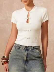 Lumalex Ivory Knit Crop Top With Mandarin Collar Short Sleeves Frog Knot Buttons Front Keyhole Cutouts Ribbed Cuffs Luxury Top Outfits For Parties Dates Daily - Apricot - View 7
