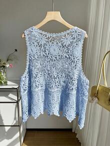 SHEIN EZwear 大码女式夏季沙滩度假休闲镂空针织背心 - 淺藍色 - 查看 2