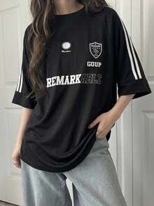DAZY Round Neck Striped Side Slit T-Shirt Oversized T-Shirt,Graphic Tees School Cute Tops - Black - View 1