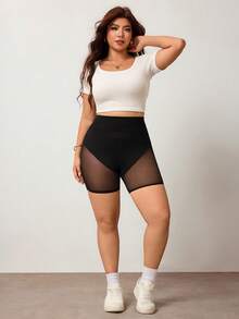 Enliva Plus Size Women's Transparent Mesh Contrast Lace Cycling Shorts - Black - View 8