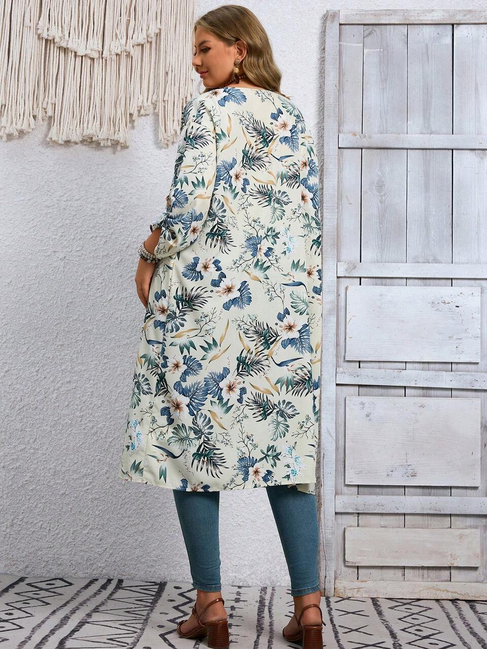 Plus Size Women's Floral Print Casual Versatile Daily Outing Cardigansummer Outfitsautumn Printed Light Jacket, Suitable For Going Out