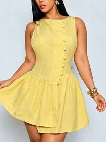 SOLERSUN Plus Size Women's 2026 Girlcore Yellow Textured Mini Dress, Sleeveless Asymmetrical Side Button Placket, Ruffled Hem, Invisible Back Zipper Sunkissed - Yellow - View 2