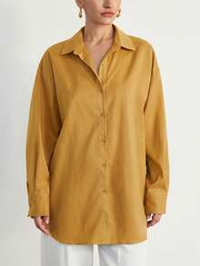 Aveloria Modichic Camisa de manga larga para mujer de estilo safari a rayas, corte holgado con drapeado, casual para ir al trabajo, con cuello abatible, cuello de pie, cinturón, de largo medio, nueva para otoño/invierno - Amarillo - Ver 5