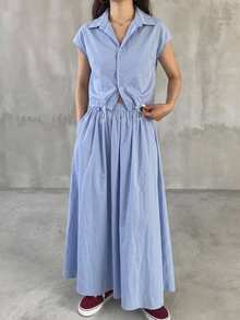 DAZY 女士纯色短款衬衫和裙子两件套家居服套装 - 藍色 - 查看 7