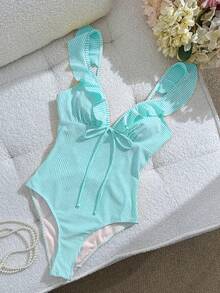 Swim Mod Women's Spring/Summer Sweet One-Piece Swimsuit With Colorblock Stripes, Special Fabric, Ruffle Collar, Pool Party Style - Multicolor - View 3