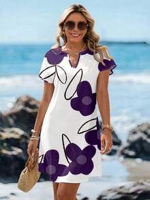SHEIN LUNE Casual Minimalist Women's V-Neck Short Dress Suitable For Spring And Summer - Multicolor - View 5