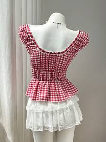 Elamini Summer Sweet Sexy Vacation Style Lace Trim Plaid Ruffle Short Fitted Short Sleeve Shirt - Red - View 4