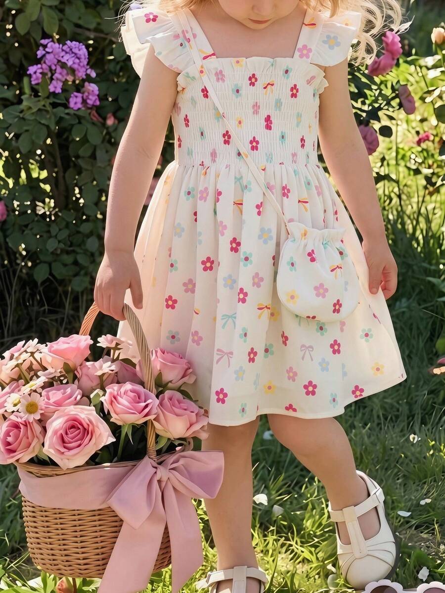 SHEIN Genkimix Kids 女童休闲时尚日常樱桃印花无袖高腰短连衣裙,搭配同色斜挎包,夏季 - 彩色 - 查看 1