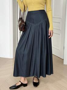Solavon Women's Solid Color Pleated Casual Elegant Versatile Daily Work Corporate Outing Office Skirt Navy Blue Autumn - Navy Blue - View 5