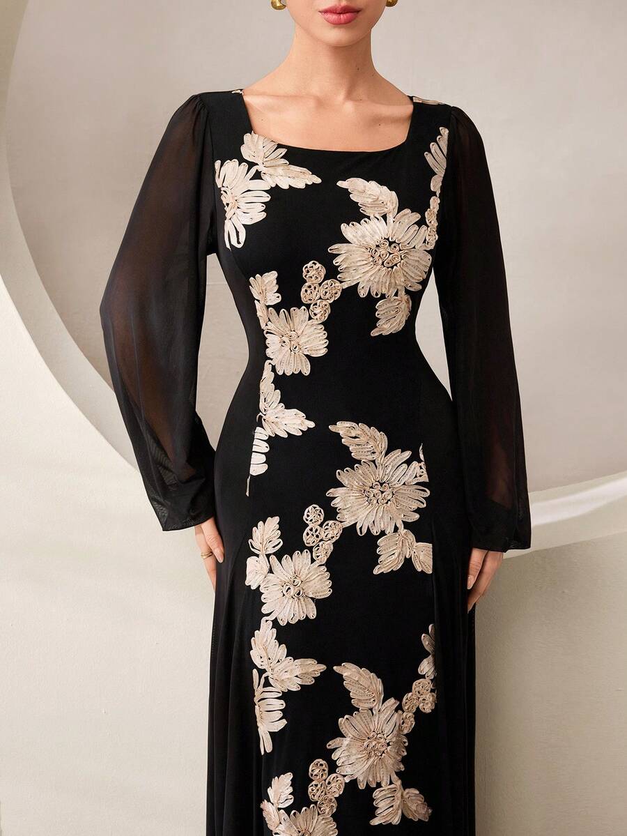 Graceveil Black Embroidered Contrast Mesh Elegant Fashionable Evening Ball Gown Long Dress For Women