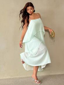 Auralis Mint Green Plus Size Top Long Tiered Cake Dress With Asymmetric Hem, Multi-Layered Chiffon, Flowy And Romantic, Perfect For A Beach Vacation. - Mint Green - View 2