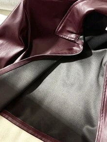 SHEIN Tween Girl 休閒街頭風翻領 PU 金屬拉鍊前開短版秋季夾克外套 黑色 - 紅色 - 查看 7
