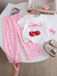 SHEIN 2pcs/Sets Young Girl Basic Casual Slouchy Solid Color Set, Horse Print, Asymmetric Hem, Side Ruched Design, Round Neck Short Sleeve T-Shirt, Paired With Yellow Striped Textured Fabric Straight Leg Pants Set, Suitable For Daily/Outing Multiple Occasions, Spring/Summer/All Seasons Style, Toddle Girls Sets, Children Daily Comfortable Summer Outfit, Girls Outfits - Multicolor - View 1