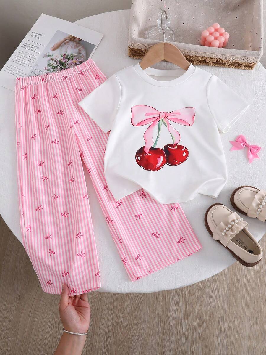 SHEIN 2pcs/Sets Young Girl Basic Casual Slouchy Solid Color Set, Horse Print, Asymmetric Hem, Side Ruched Design, Round Neck Short Sleeve T-Shirt, Paired With Yellow Striped Textured Fabric Straight Leg Pants Set, Suitable For Daily/Outing Multiple Occasions, Spring/Summer/All Seasons Style, Toddle Girls Sets, Children Daily Comfortable Summer Outfit, Girls Outfits - Multicolor - View 1