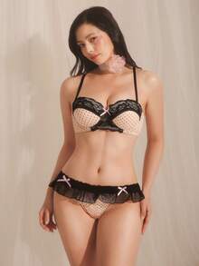 DelicateAllure Women Knitted Fabric Geometric Pattern Lingerie Set With Bow Detail - Multicolor - View 3
